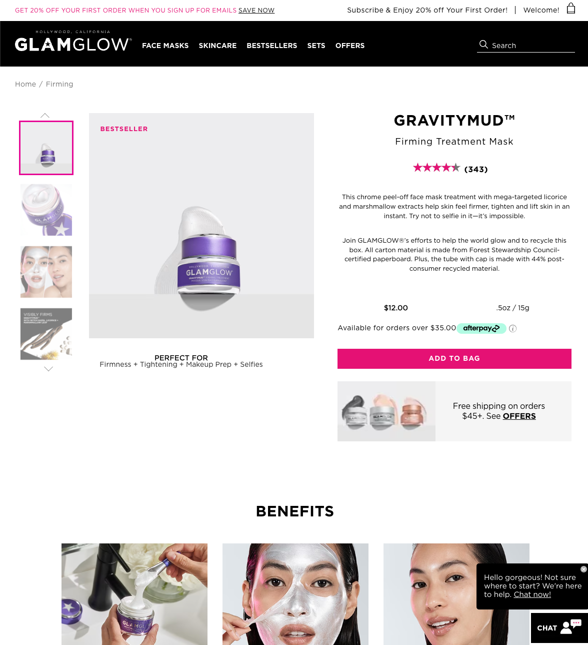 A screenshot of glamglow.com showing a product page for GravityMud. It has a number of pictures of the product, a description, and a button to add to cart.