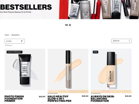 A screenshot of smashbox.com with three makeup products in the bestsellers category listed.